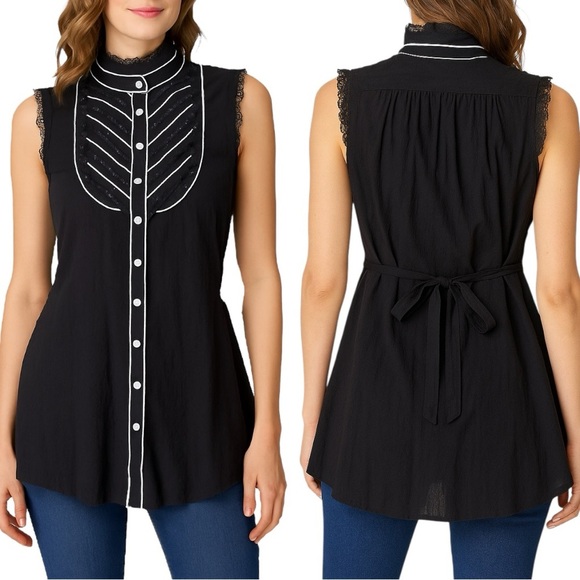 Hale Bob Sleeveless Button Up Shirt Ruffle Bib Blouse Top - Black - Large - NWT - Picture 1 of 5